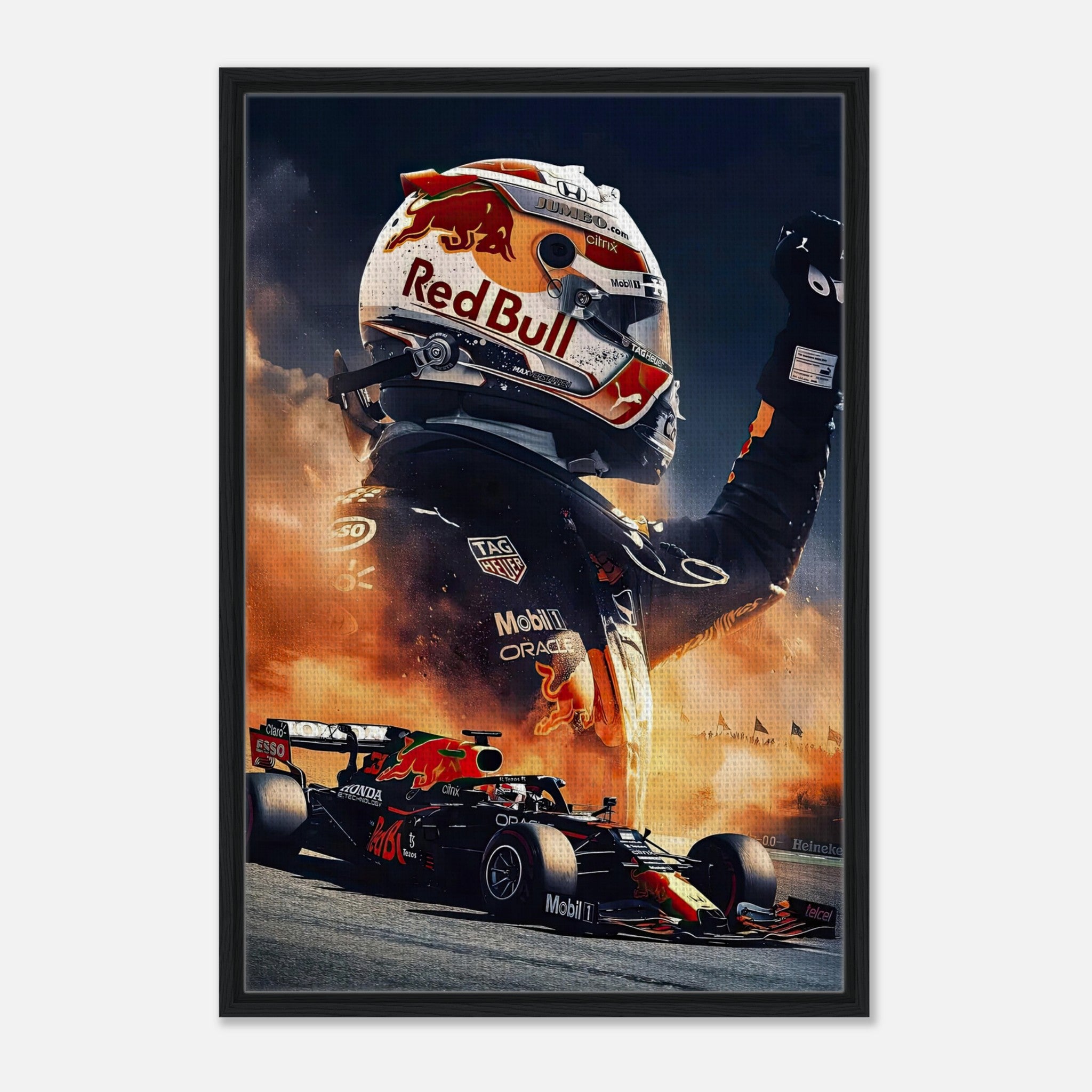 Max Verstappen Red Bull framed canvas print showcasing a race car and driver in an energetic Formula 1 atmosphere.