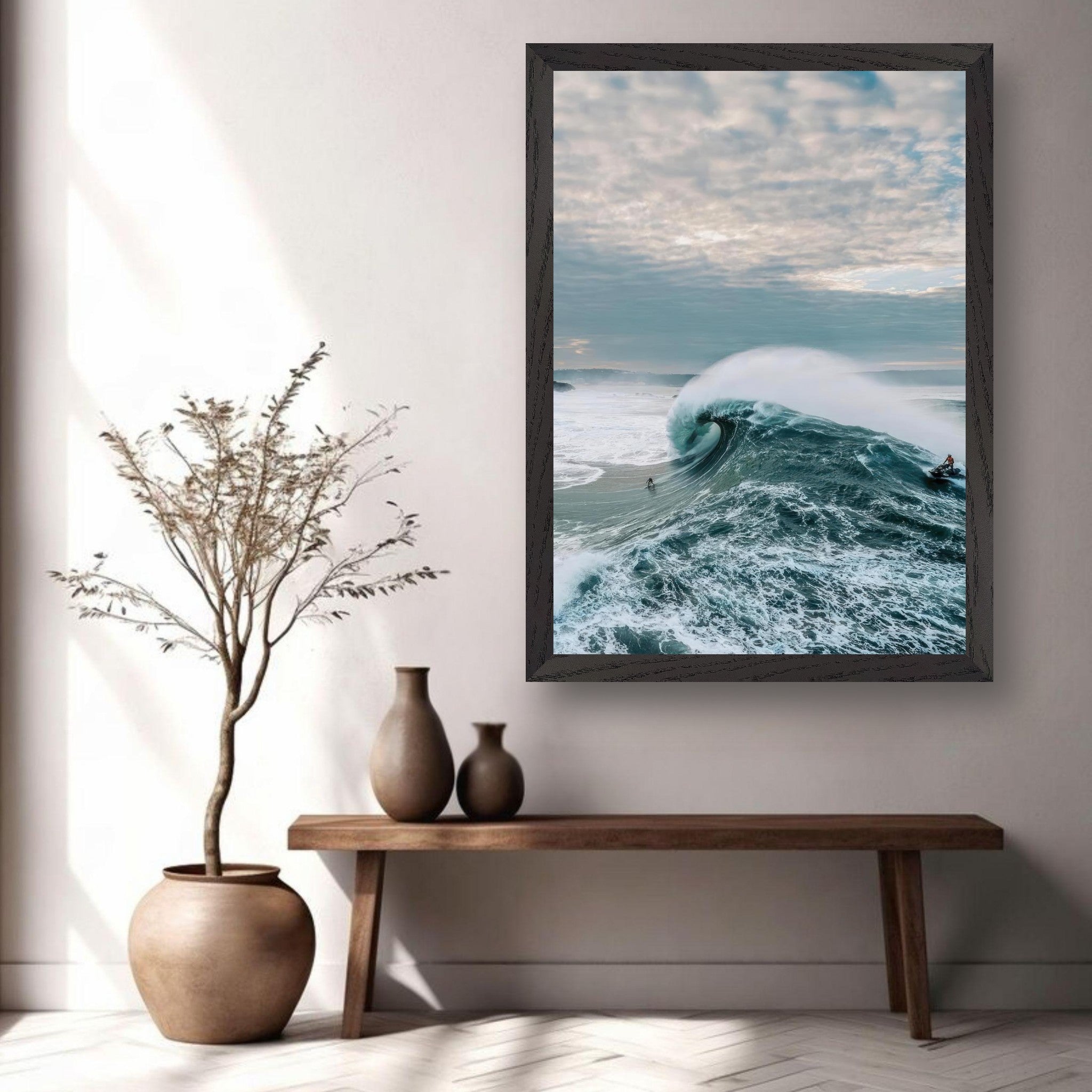 Big Wave Surfing Vintage Framed Print showcasing a surfer riding a massive wave in a serene home environment.