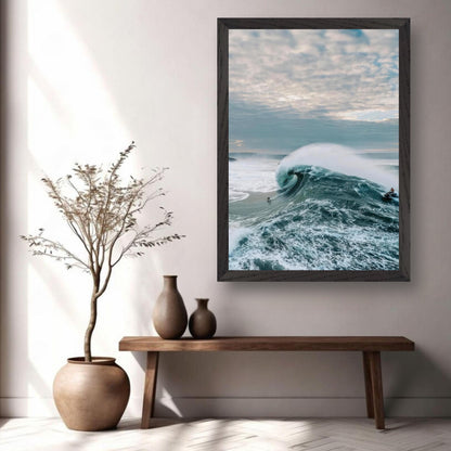 Big Wave Surfing Vintage Framed Print showcasing a surfer riding a massive wave in a serene home environment.