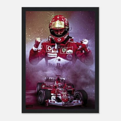 Framed print of Michael Schumacher celebrating in Ferrari F1 gear, vibrant colors capturing his legendary racing moments.