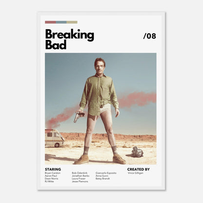 Retro Breaking Bad framed poster featuring Walter White in desert, holding a gun in tighty-whities. Perfect wall art for fans.