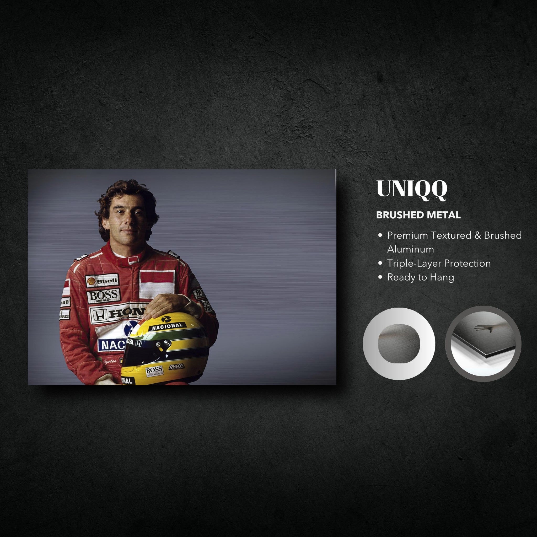 Ayrton Senna brushed metal print showcasing premium aluminum with textured finish, ready to hang artwork.