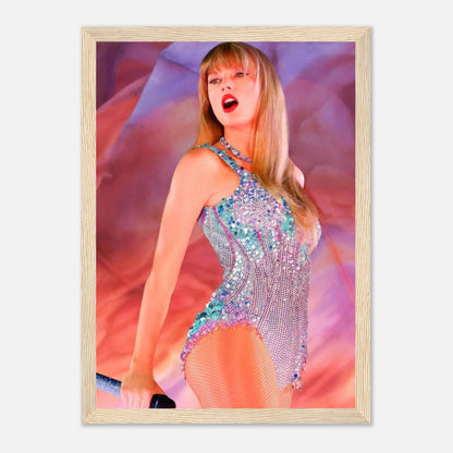 Taylor Swift performing in sparkling outfit from The Eras Tour, framed print showcasing vibrant artistry and charisma.