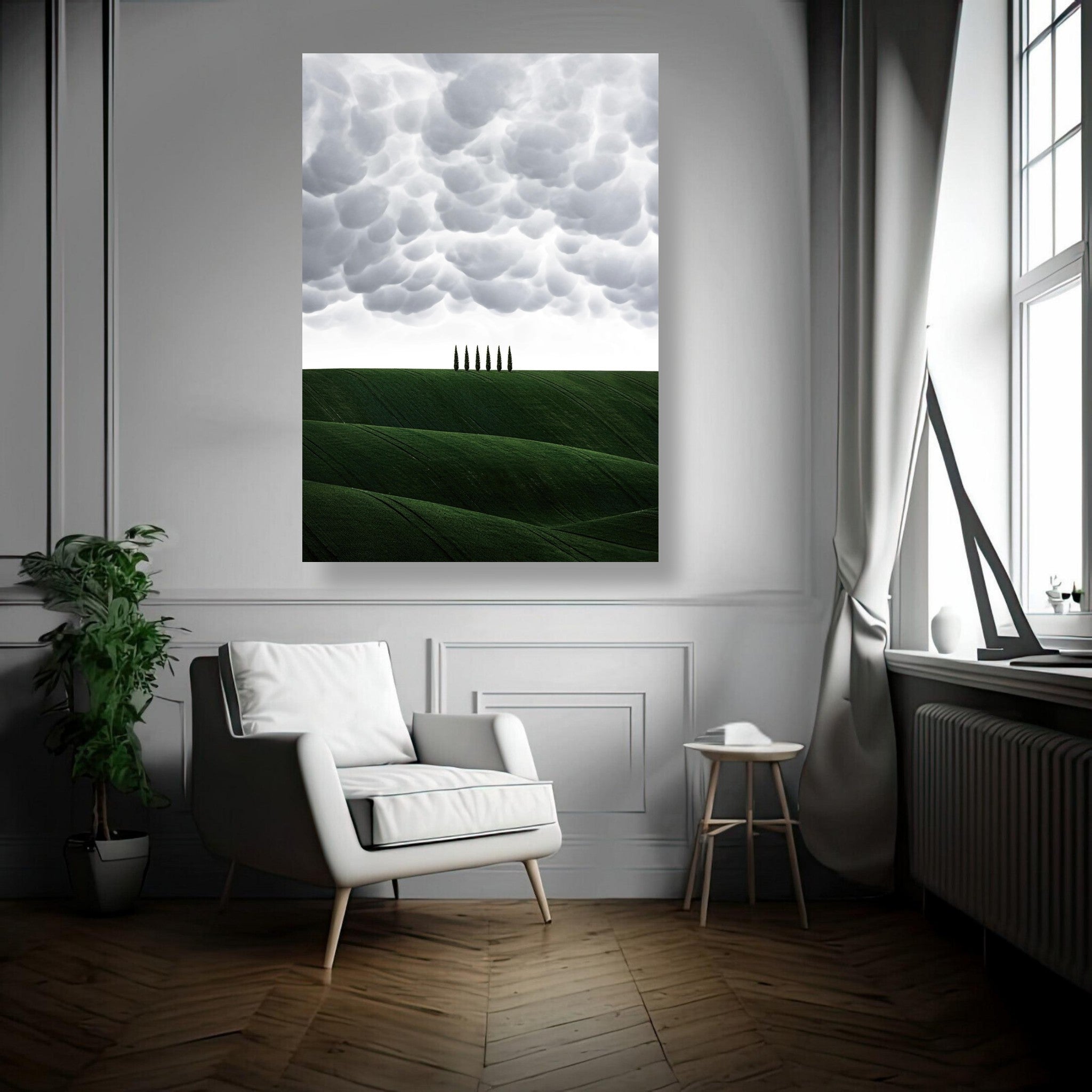 Tuscany metal print featuring rolling green hills and cypress trees in a modern living room setting.