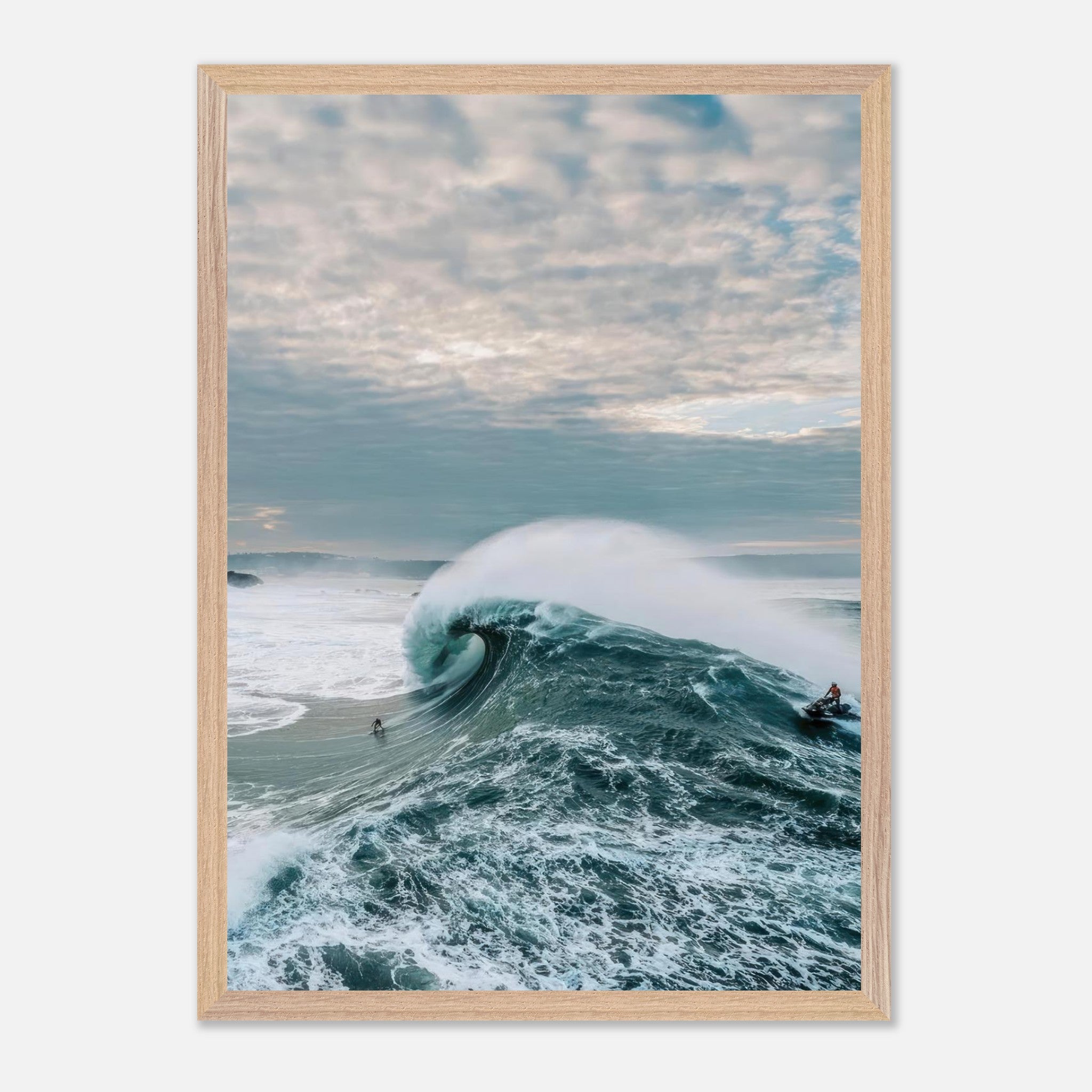 Big Wave Surfing Vintage Framed Print showcasing a surfer riding a massive wave against a dramatic sky.