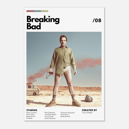 Retro Breaking Bad poster featuring Walter White in desert attire with gun, vintage design, TV history tribute.