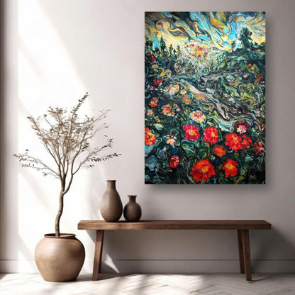 Abstract floral landscape painting on brushed metal, featuring vibrant colors and details in a contemporary setting.