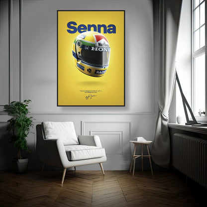 Ayrton Senna helmet framed poster on a wall, featuring vibrant yellow background and iconic design for motorsport fans.