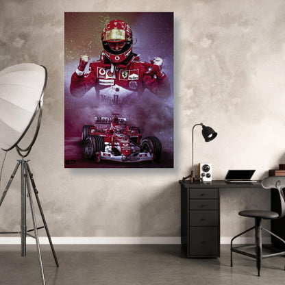 Michael Schumacher metal print featuring him in a Ferrari suit, celebrating his racing legacy in a stylish interior.