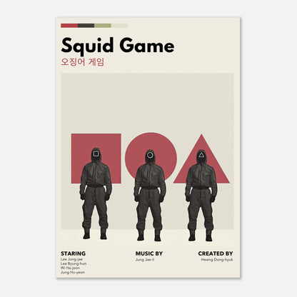 Squid Game vintage poster featuring enigmatic guards in uniforms and geometric shapes, capturing the series' suspenseful essence.