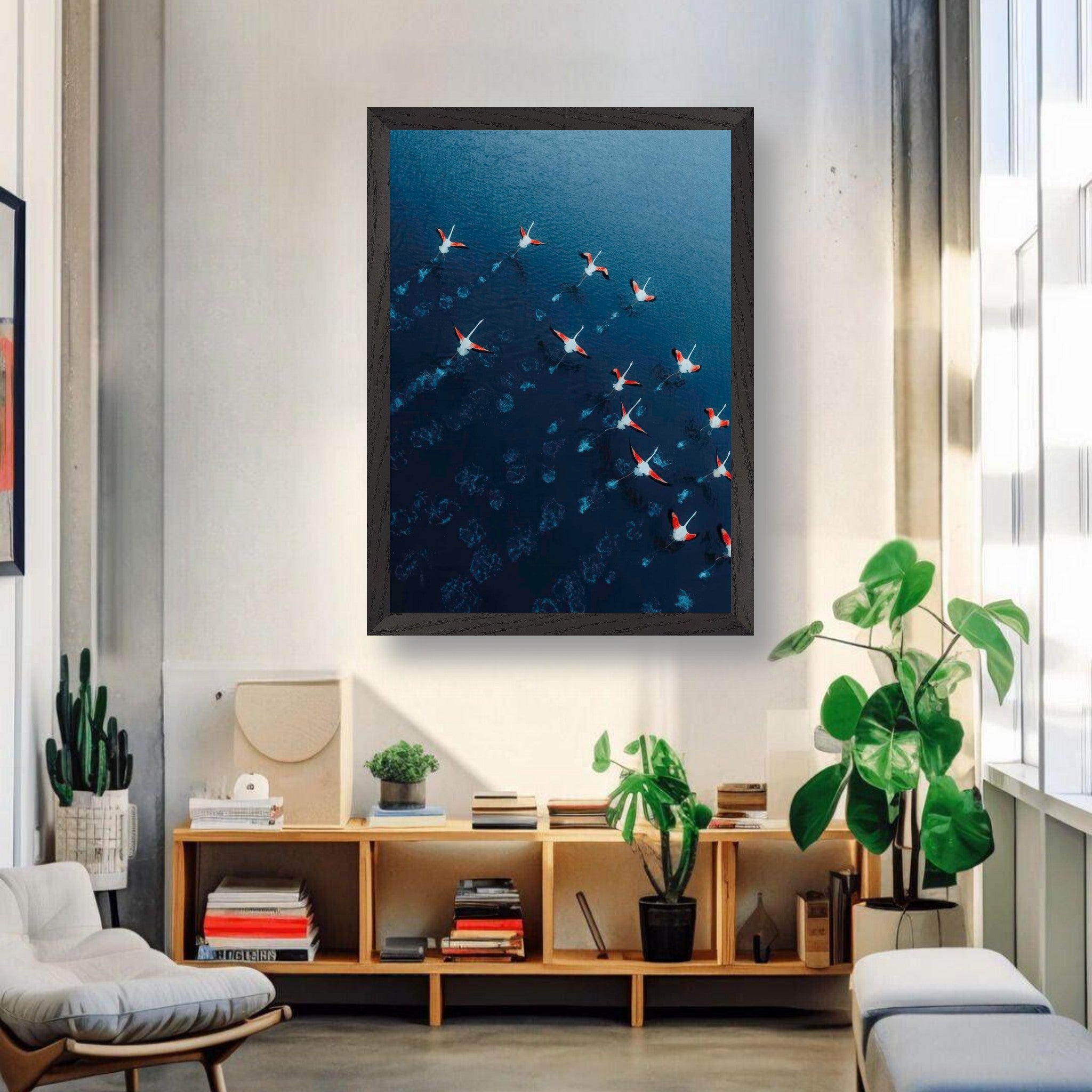 A vintage framed print of aerial flamingos in flight over blue waters, displayed in a modern living room.