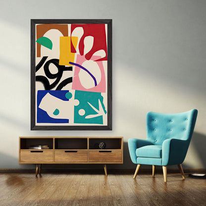 Colorful mid-century modern vintage framed print in a stylish living room with teal armchair.