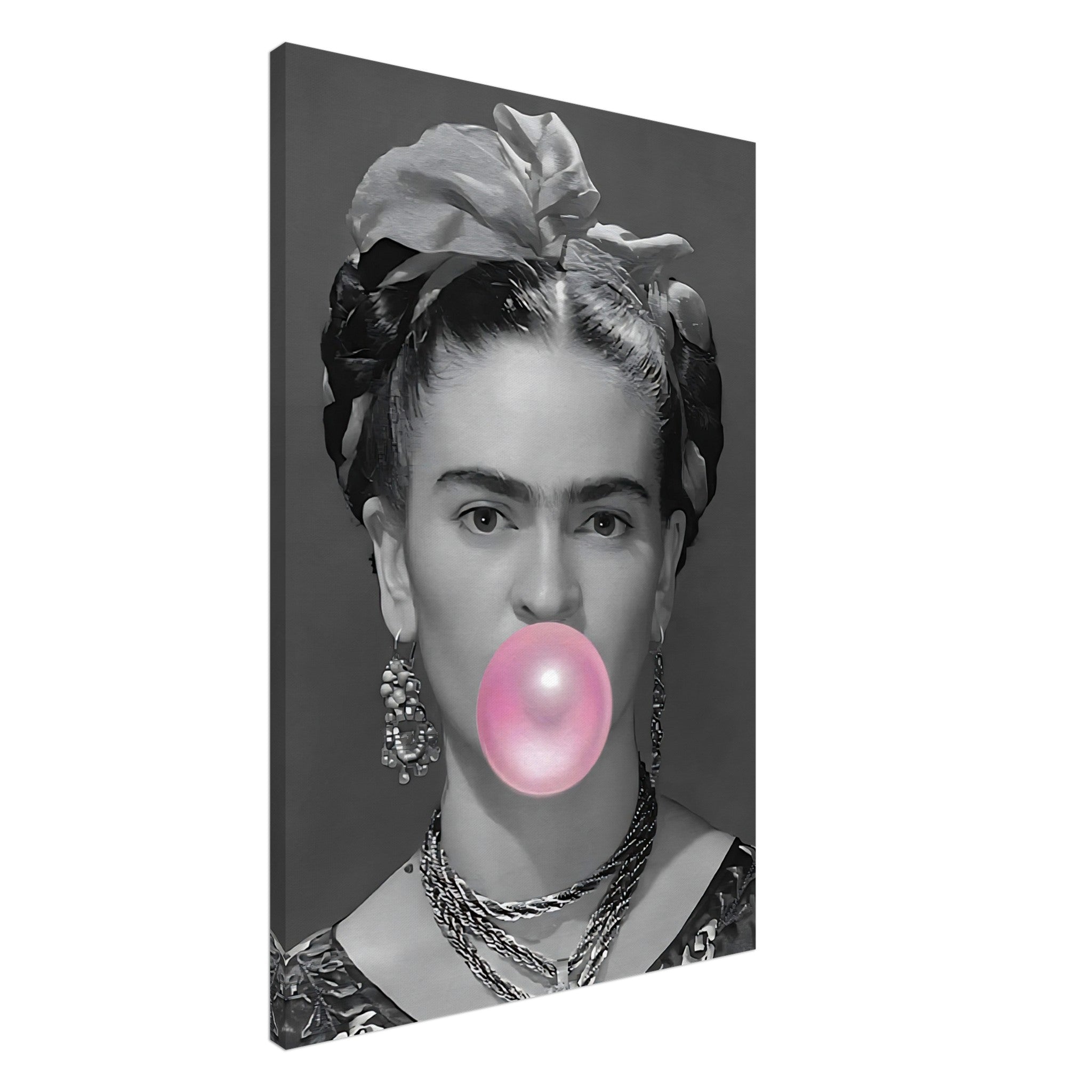 Frida Kahlo canvas art featuring a grayscale portrait and vibrant pink bubble gum detail for pop art lovers.