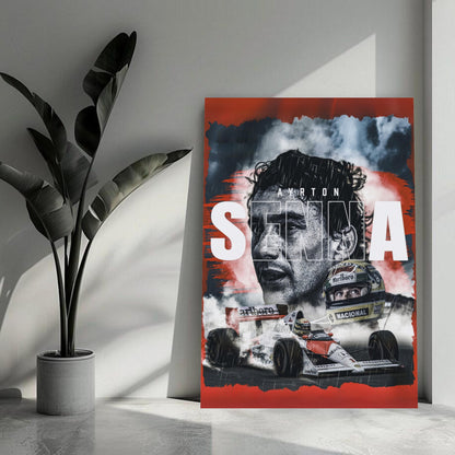 Ayrton Senna F1 legend metal print showcasing vibrant imagery on sleek aluminum, perfect for modern decor.