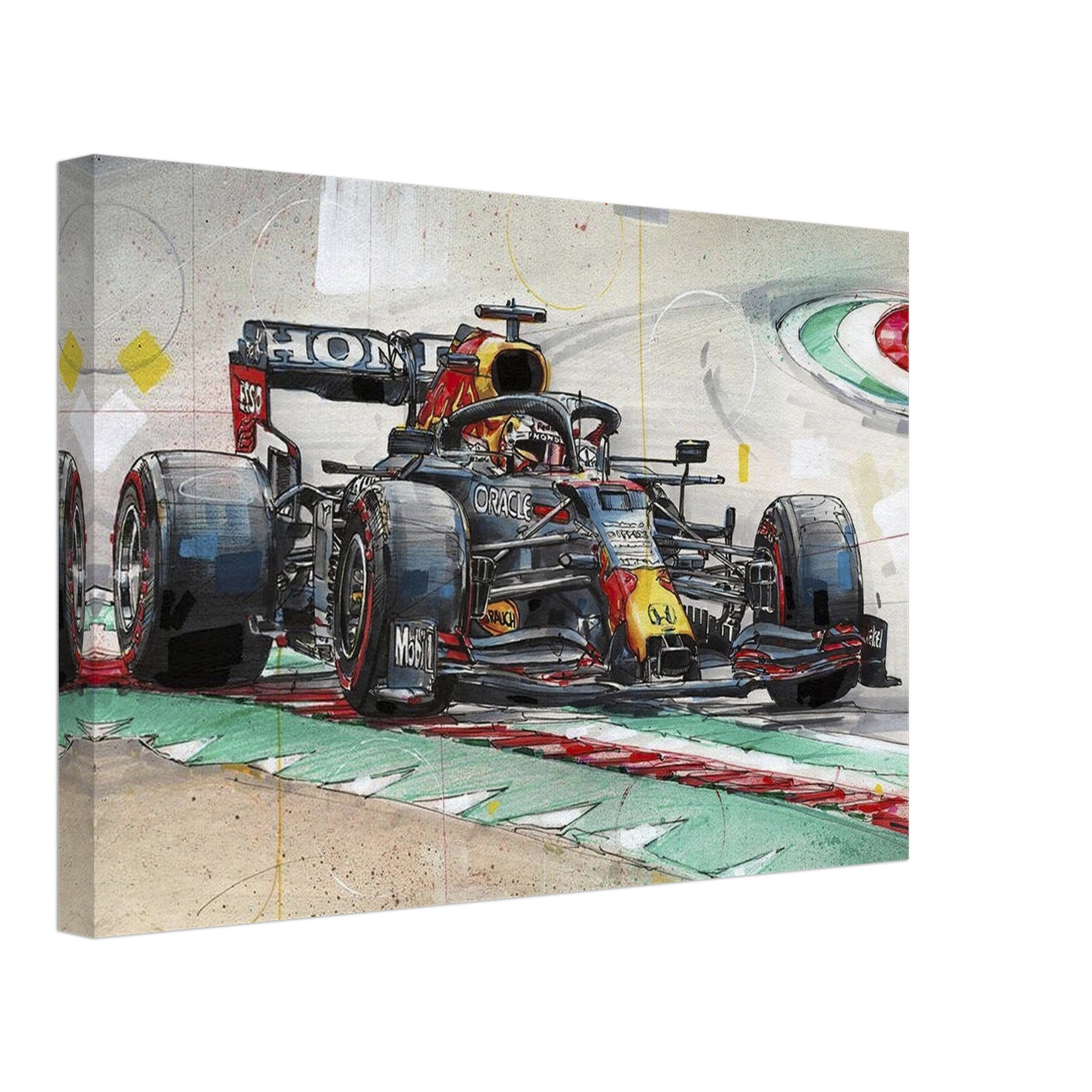 Max Verstappen painting on canvas depicting the dynamic energy of Formula 1 racing with vibrant colors and details.