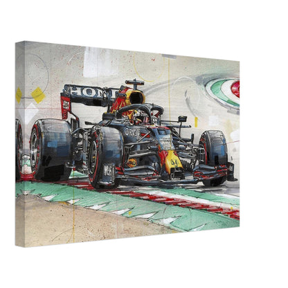 Max Verstappen painting on canvas depicting the dynamic energy of Formula 1 racing with vibrant colors and details.