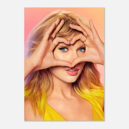 Vibrant Taylor Swift Fan Love poster featuring the singer making a heart gesture with her hands against a colorful background.