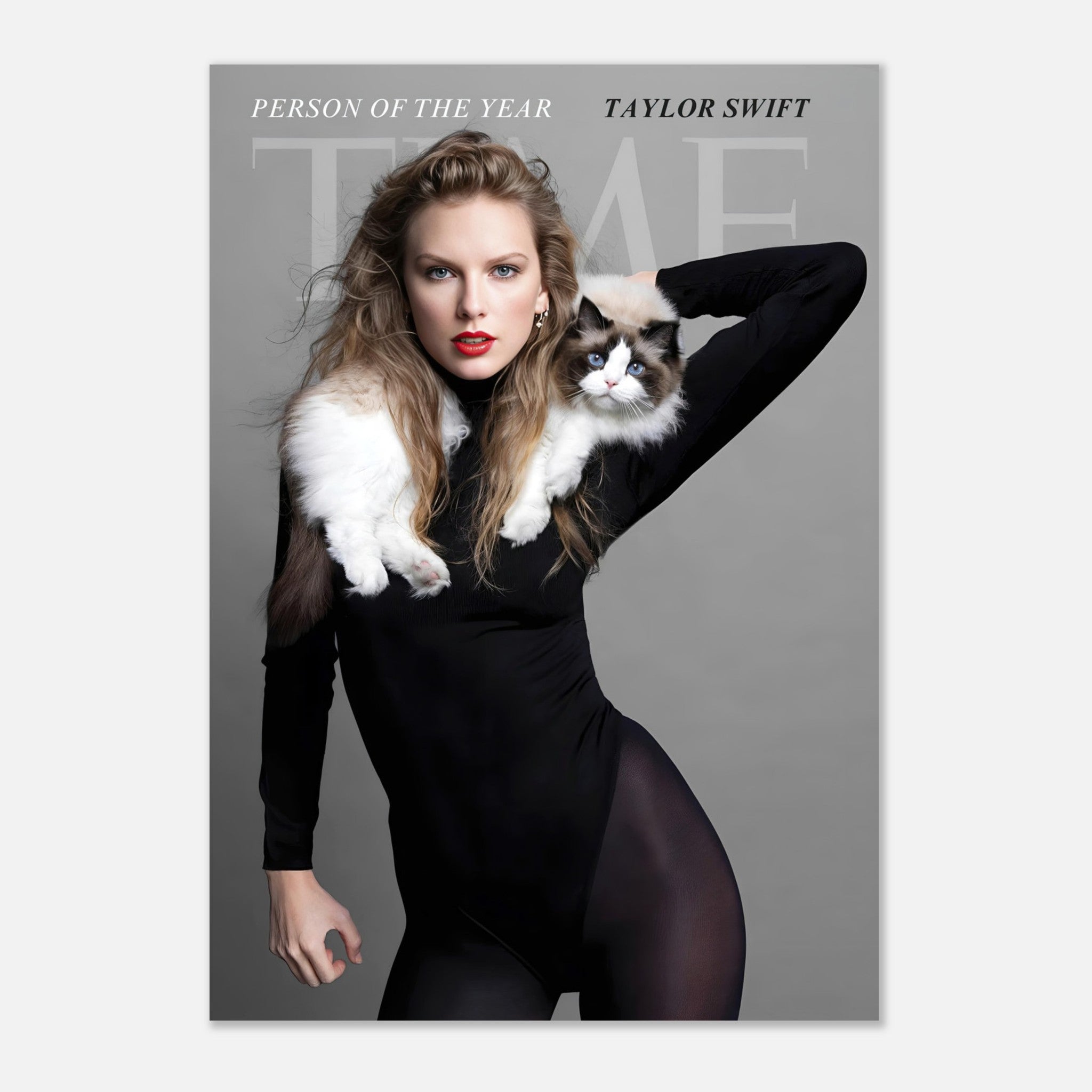 Taylor Swift Time Magazine metal print featuring her in a black outfit with a cat, celebrating her as Person of the Year.