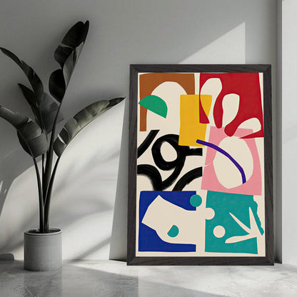 Abstract Harmony vintage framed print with bold colors and geometric shapes in a modern living space.