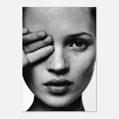 Kate Moss black and white photography poster featuring a close-up of her face with hand covering one eye.