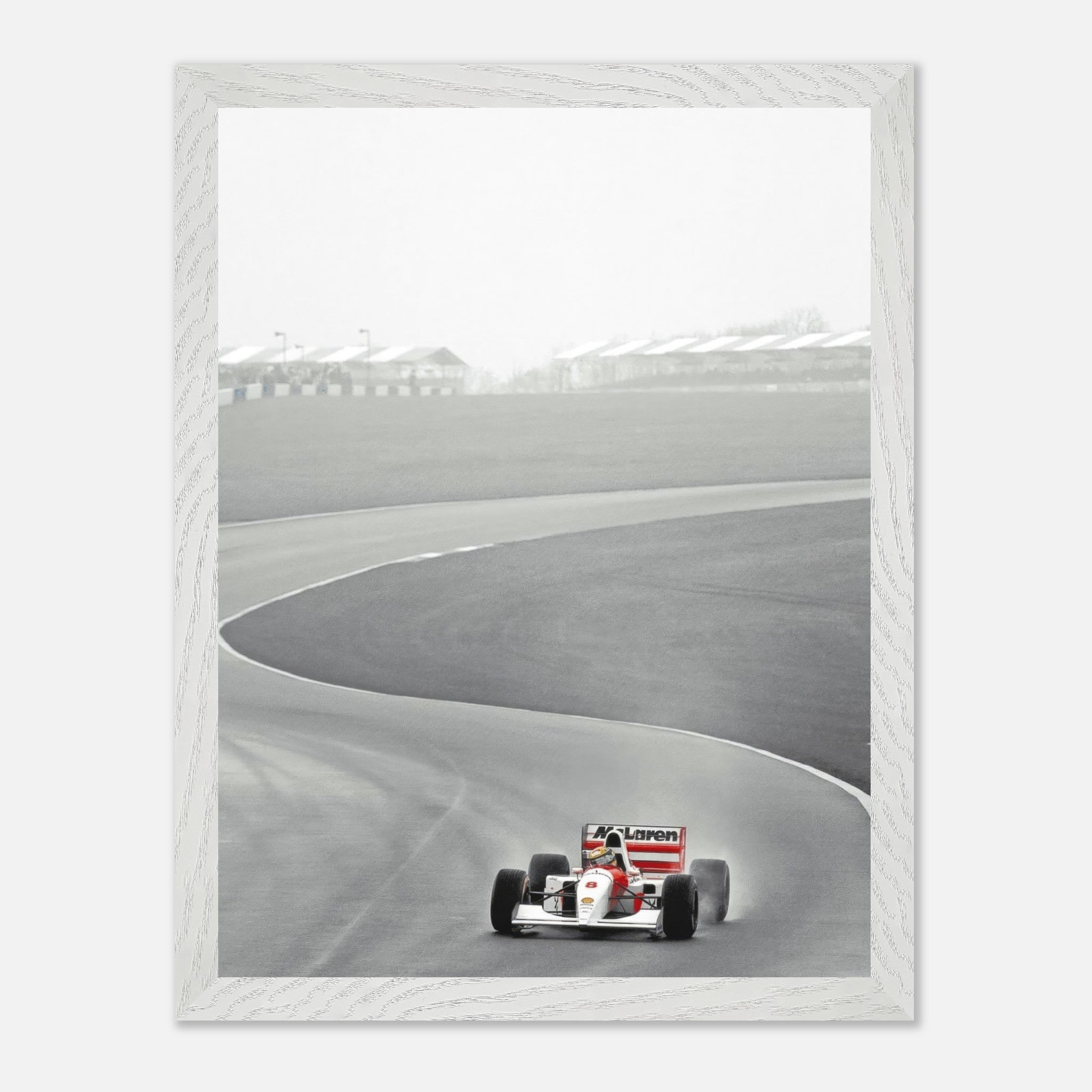 1988 Ayrton Senna driving the iconic McLaren MP4/4 in vintage framed art photography.