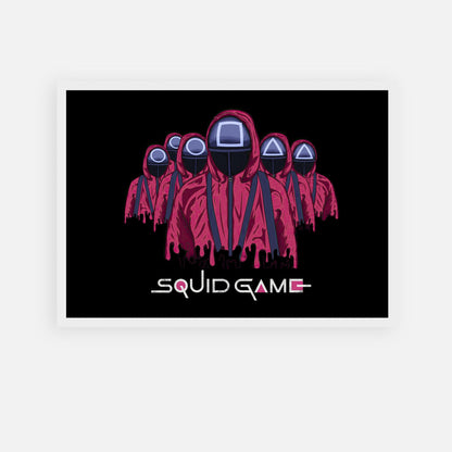 Squid Game Soldiers framed poster featuring iconic pink guards with geometric masks on a black background.