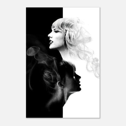 Taylor Swift black and white metal print featuring dual-tone design and striking imagery for modern home décor.