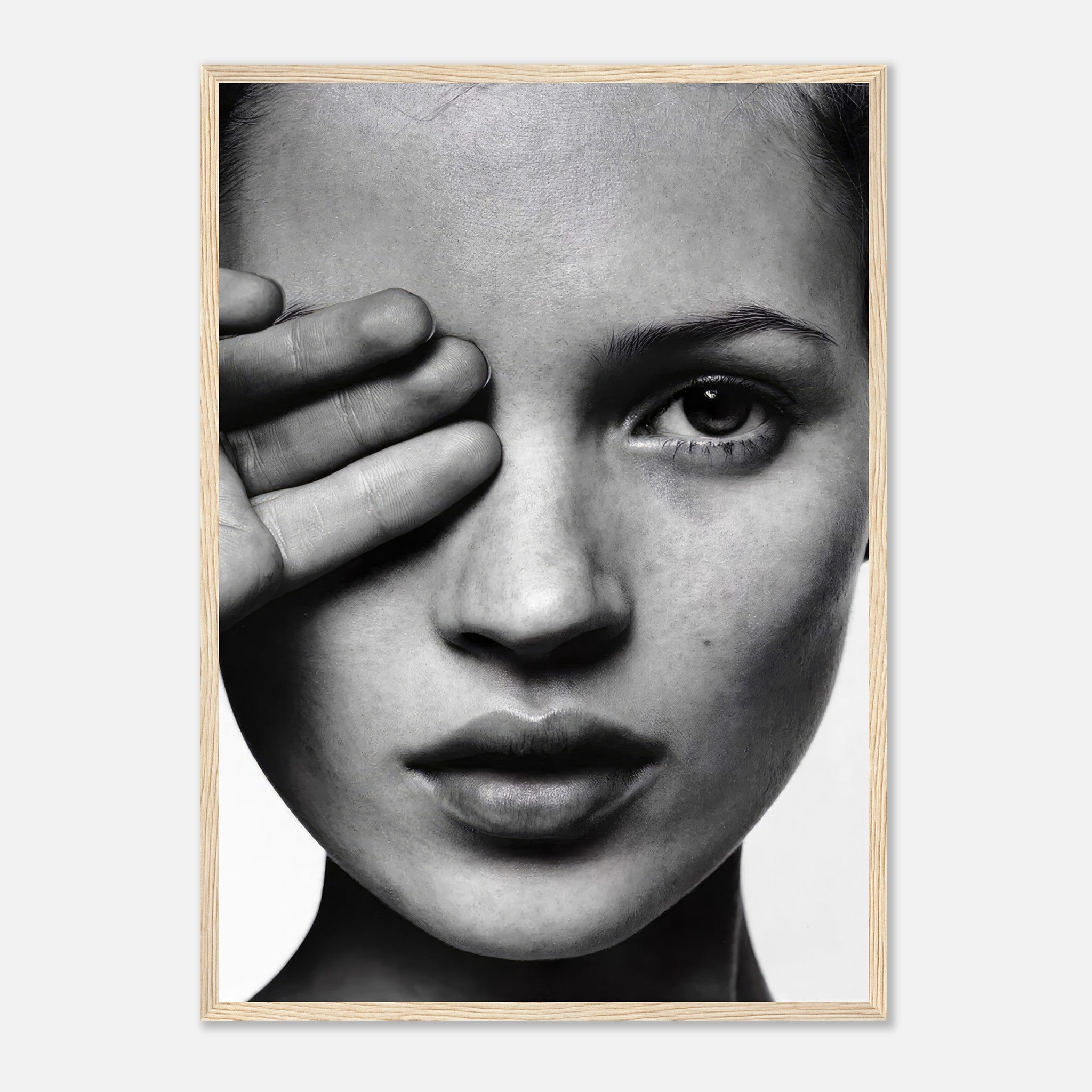 Kate Moss black and white photography framed print featuring a striking monochrome portrait with elegant details.