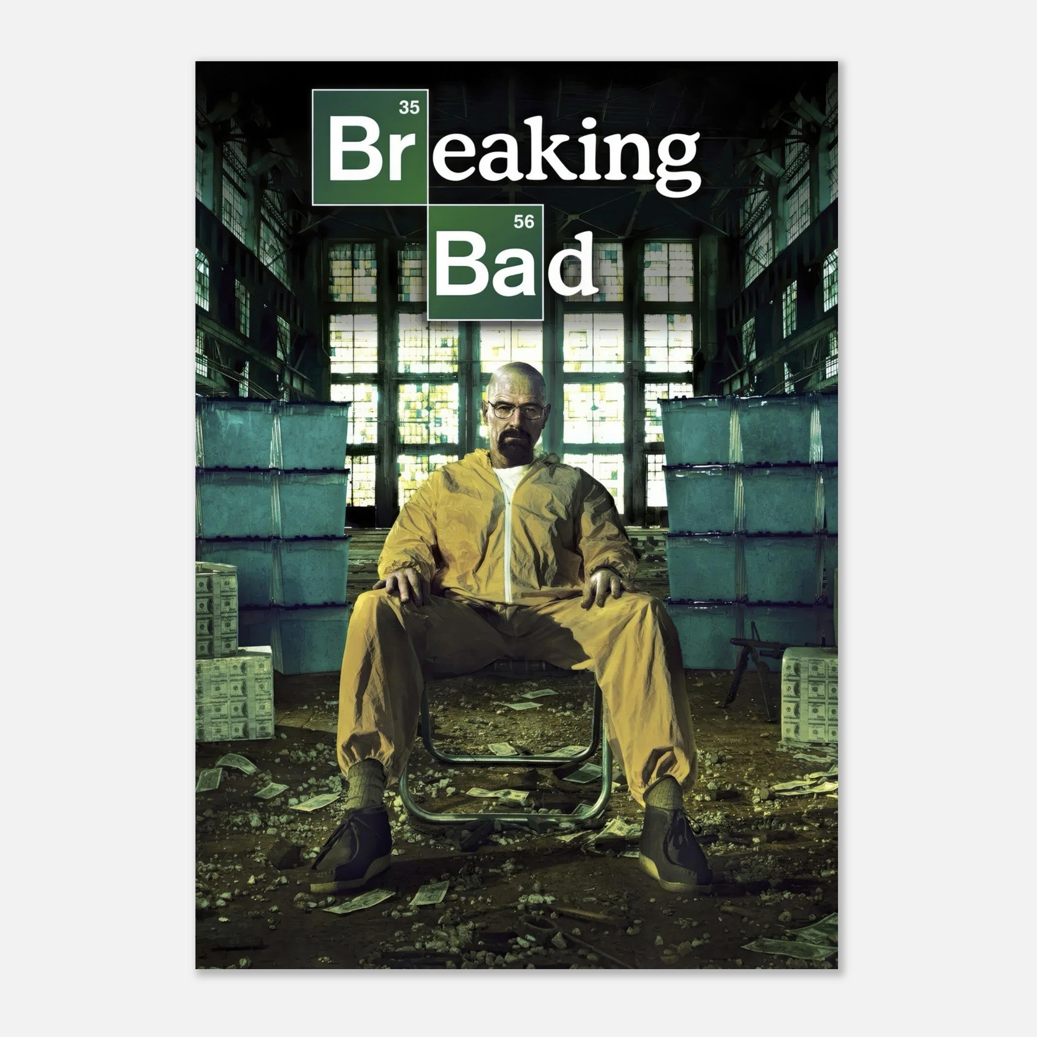 Walter White poster from *Breaking Bad*, featuring him in hazmat suit surrounded by cash and barrels in a dim warehouse.