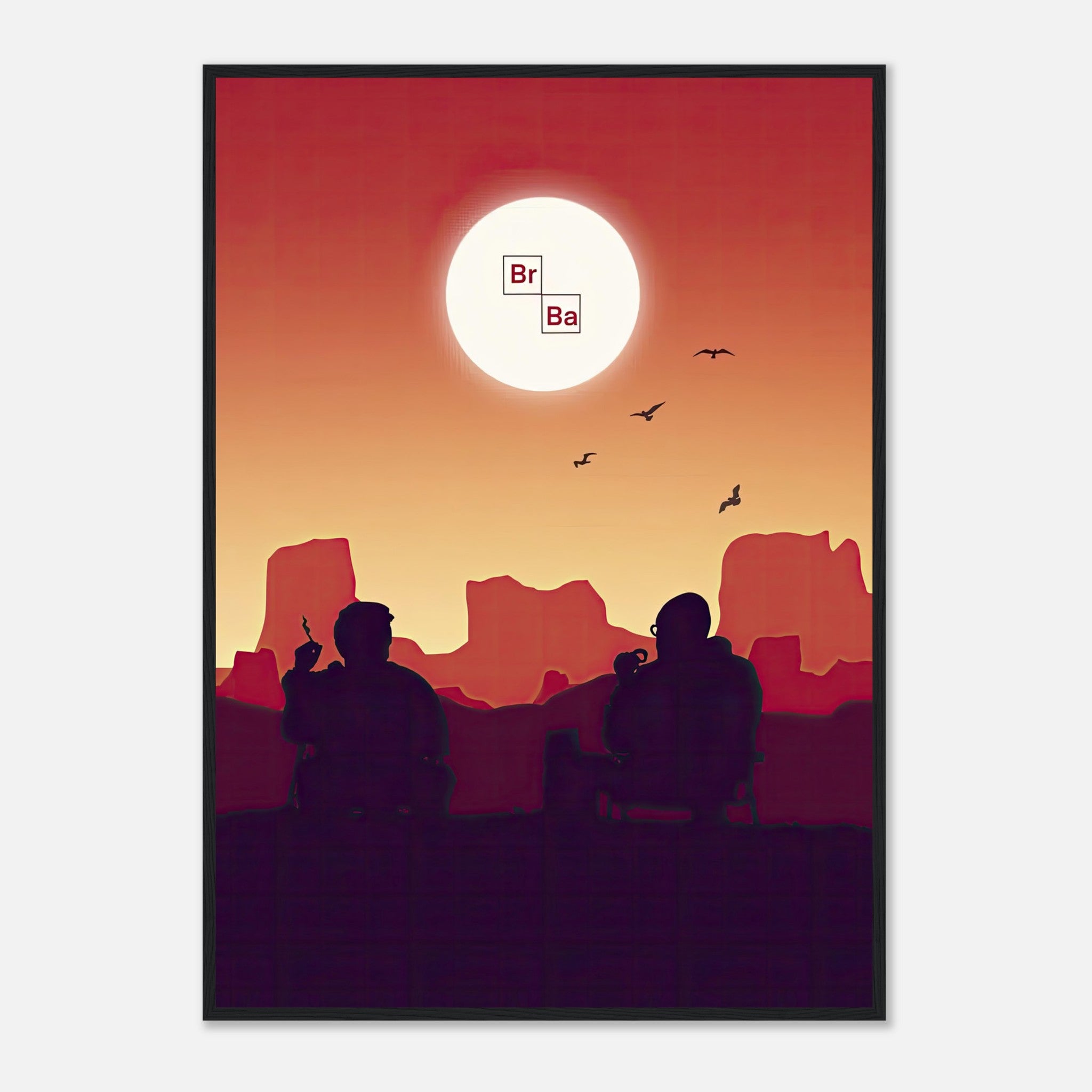 Sunset Breaking Bad framed poster featuring Walt and Jesse silhouetted against a fiery sunset with iconic symbols.