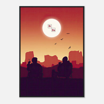 Sunset Breaking Bad framed poster featuring Walt and Jesse silhouetted against a fiery sunset with iconic symbols.