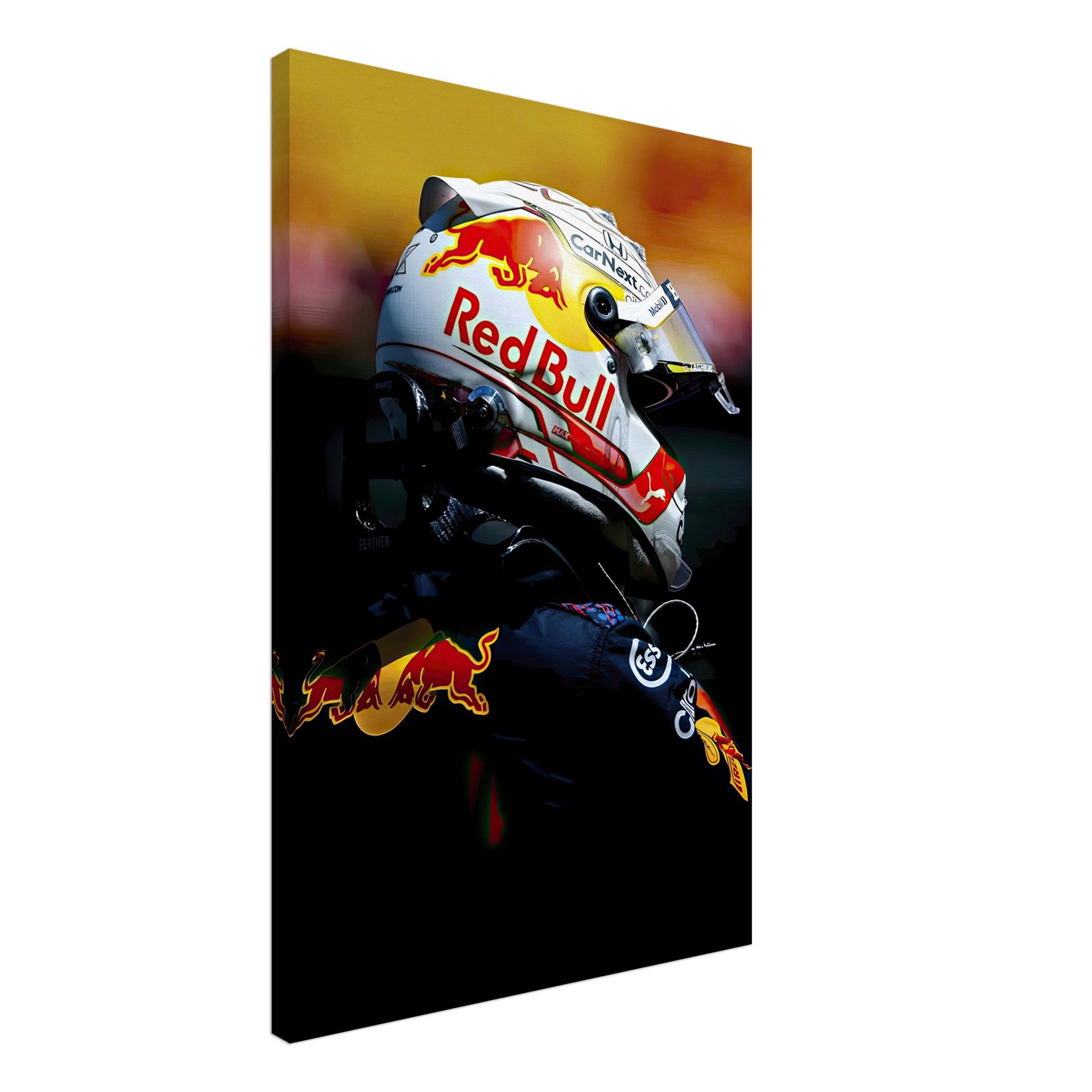 Max Verstappen canvas print featuring Red Bull Racing gear, vibrant detail, and dynamic Formula 1 energy for your decor.