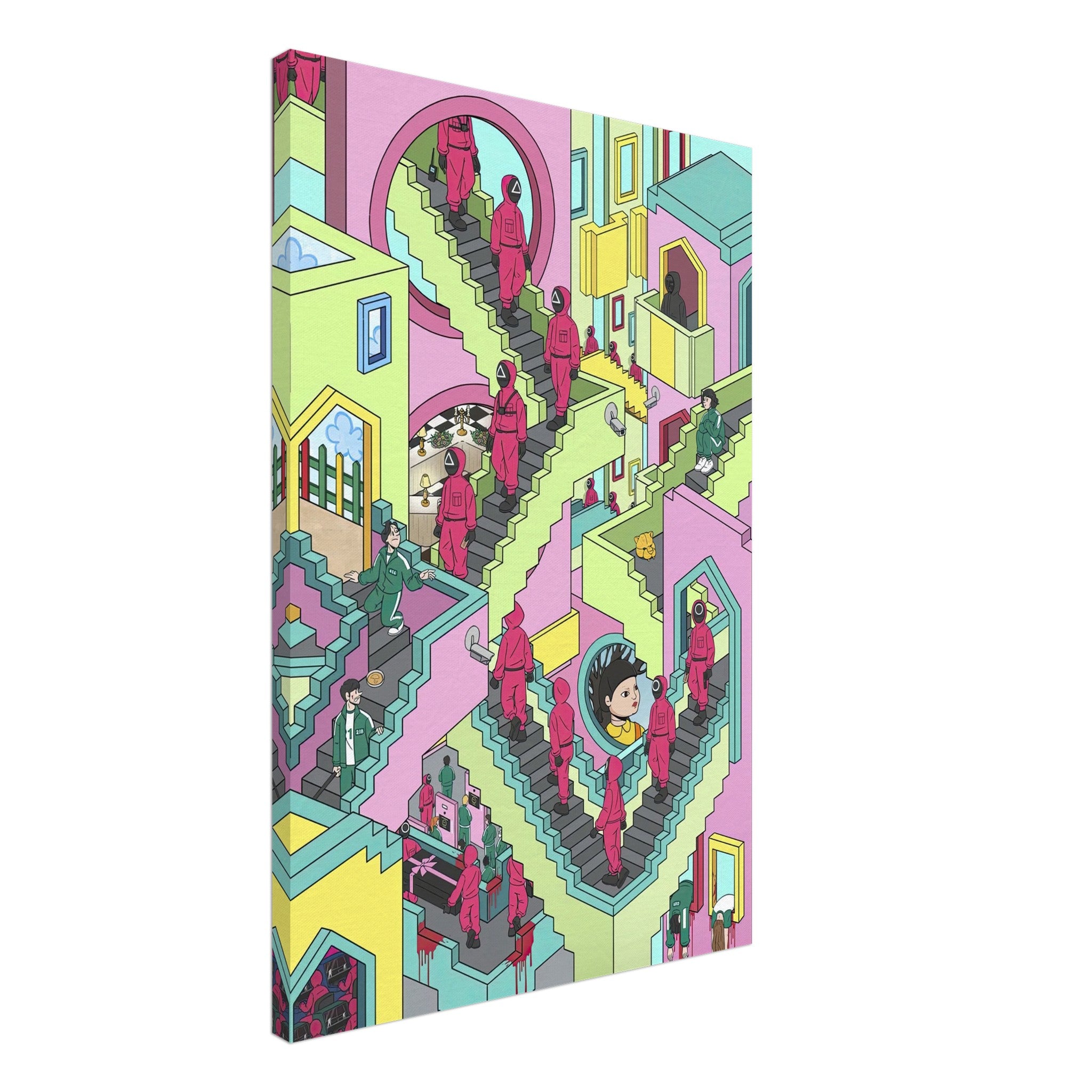 Squid Game Stairs canvas artwork featuring vibrant colors and intricate details of surreal staircase scene.