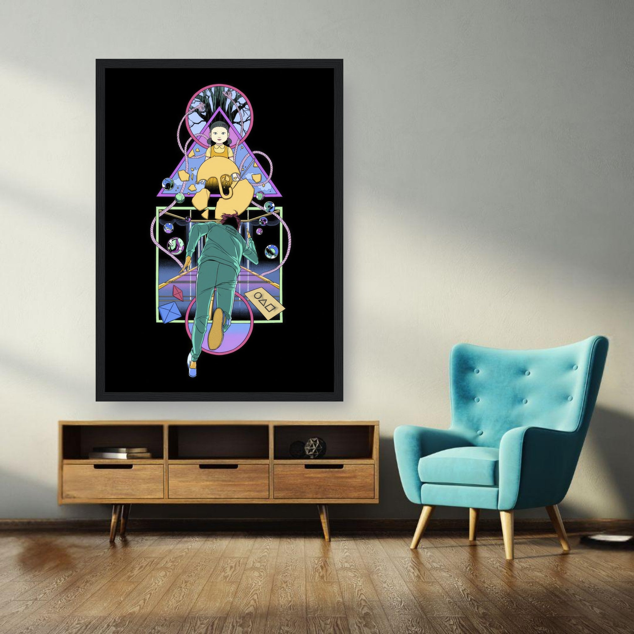 Framed print of Doll from Squid Game, showcasing vibrant colors and intricate design in a modern living space.