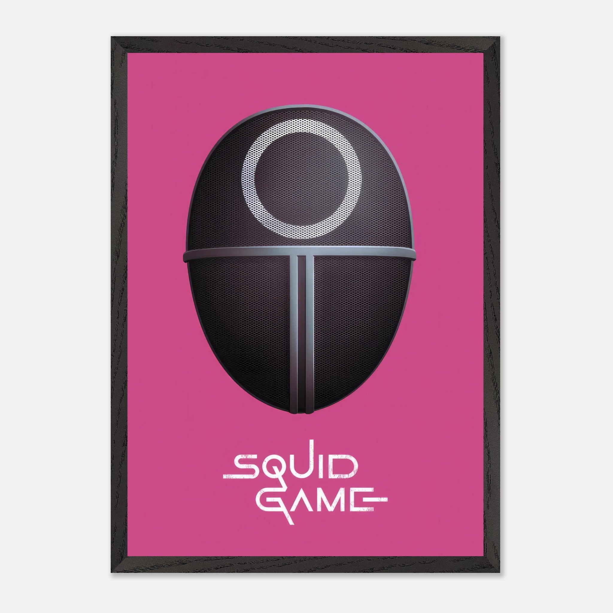 Squid Game Guard Mask fine art print with pink background, featuring iconic design for fans and collectors.