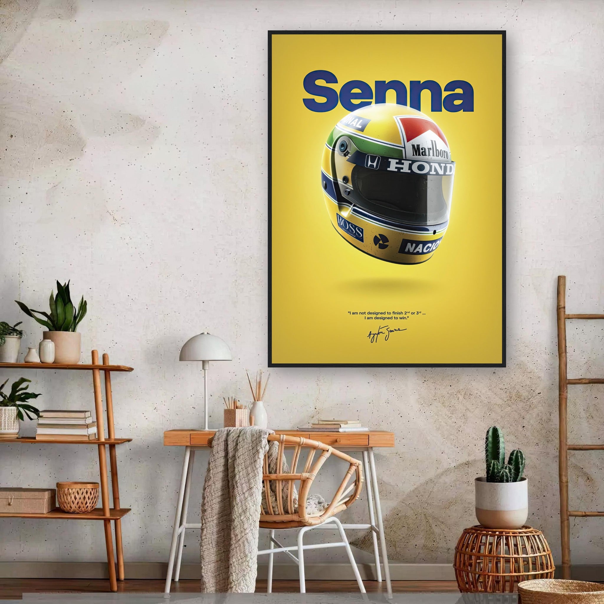 Ayrton Senna helmet framed poster in a stylish room, featuring vibrant colors on a yellow background. Perfect for motorsport fans.