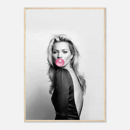 Kate Moss Bubble Gum framed print featuring a black-and-white portrait with a pink bubblegum accent.