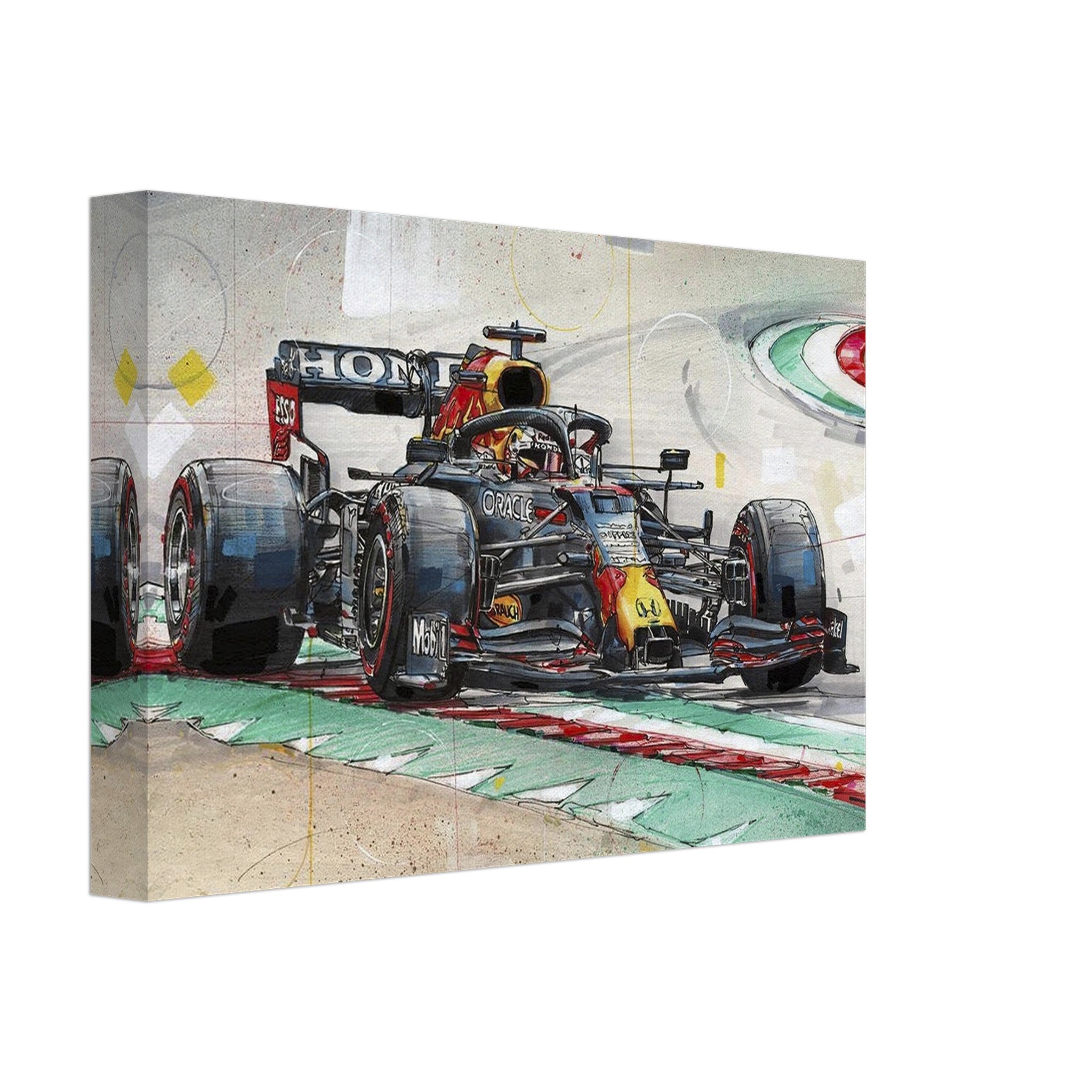 Max Verstappen Formula 1 painting canvas, capturing the dynamic energy and colors of racing action.