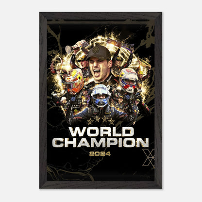 Max Verstappen 2024 World Champion fine art print featuring triumphant moments in vibrant colors and sharp detail.