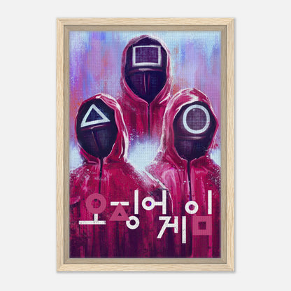 Framed canvas print of Squid Game featuring masked guards in red uniforms and geometric symbols. Perfect for fans.