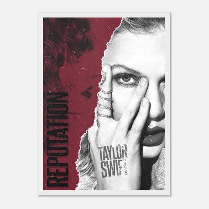 Taylor Swift Reputation framed print featuring bold design and striking black-and-white imagery, perfect for any room decor.