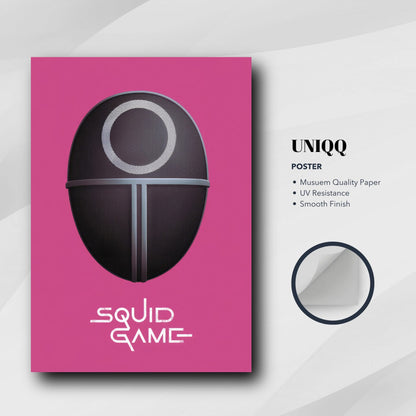 Squid Game Guard Mask poster on pink background, featuring museum quality paper and UV resistance. Perfect for fans.