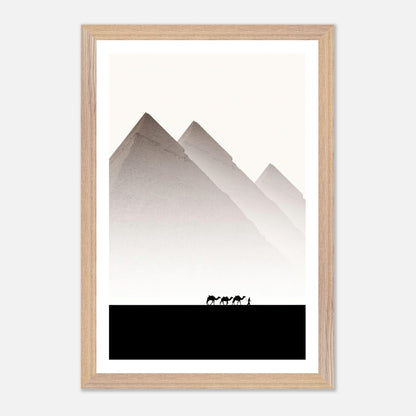 Framed Giclée artwork of the Pyramids of Giza with silhouettes of camels, showcasing timeless elegance and tranquility.