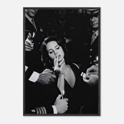 Vintage black and white print of a woman smoking, surrounded by men in military uniforms, exuding timeless charm.