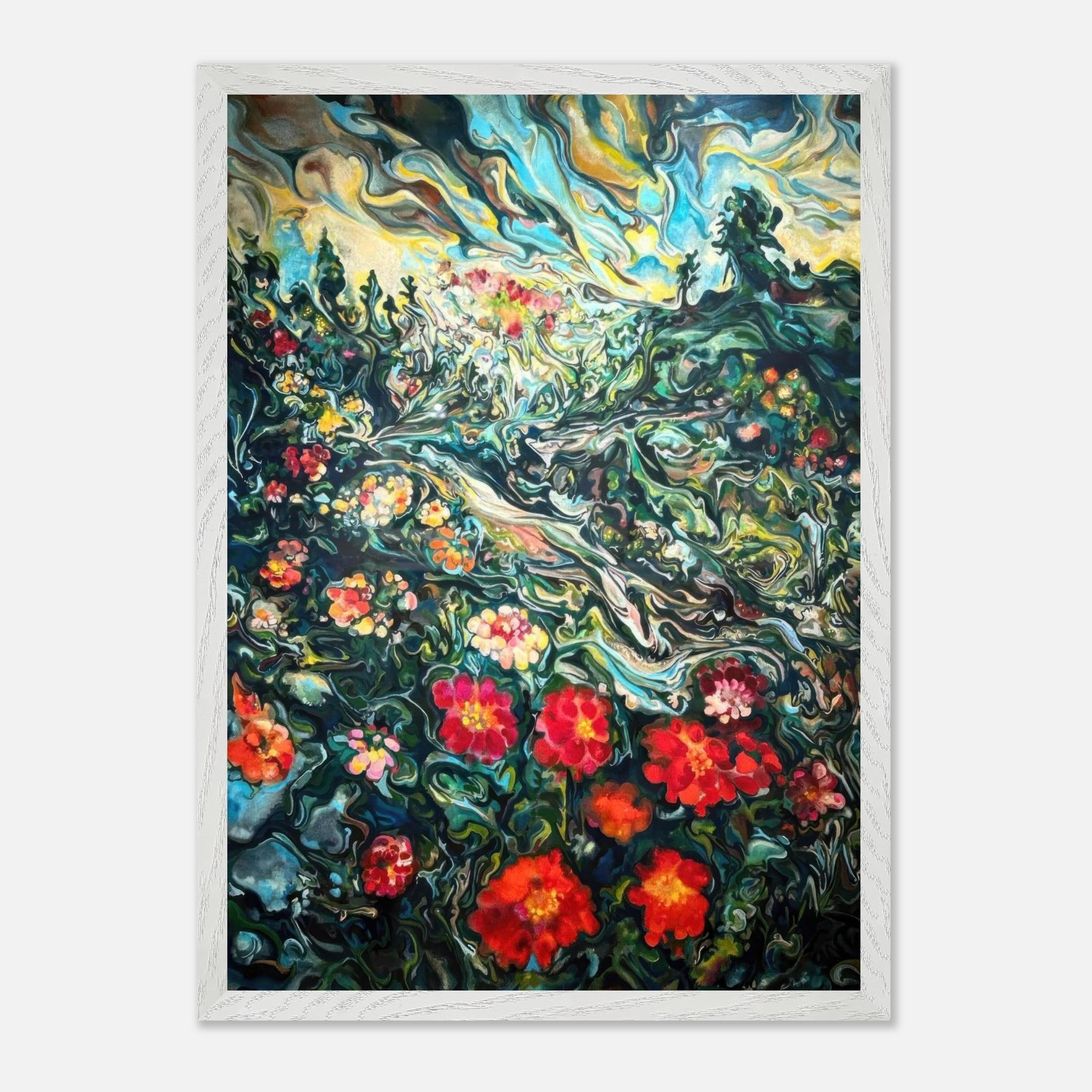 Vibrant abstract floral landscape painting with dreamlike brushstrokes and rich colors, evoking movement and energy.