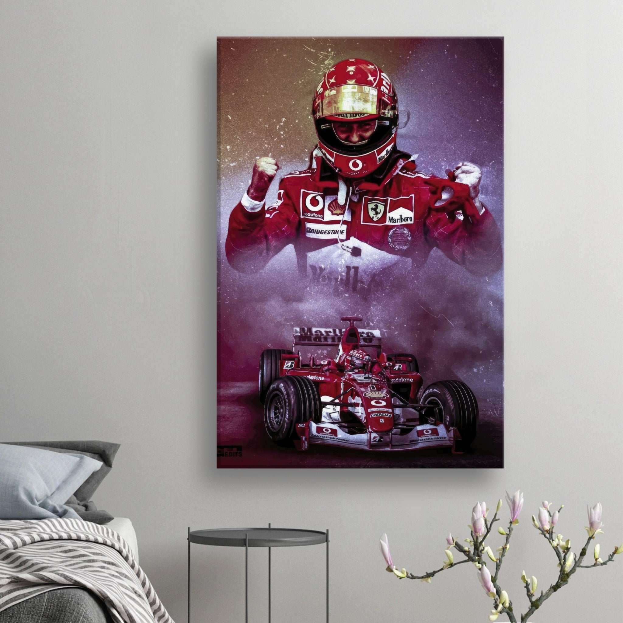 Michael Schumacher canvas artwork featuring him in Ferrari gear, celebrating his legendary Formula 1 career. Perfect for motorsport fans.