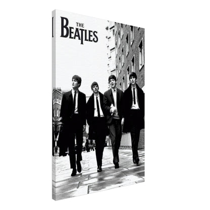 The Beatles Cover Canvas Print featuring iconic black and white image of the band walking down the street.