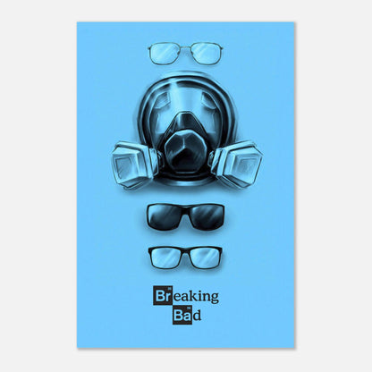 Chemistry of Masks Metal Poster featuring a gas mask and eyewear inspired by Breaking Bad, minimalist design in blue.