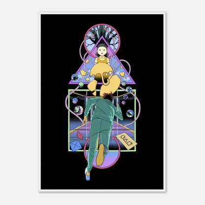 Framed print of "Doll Squid Game" featuring iconic doll and player, vibrant colors and intricate design.