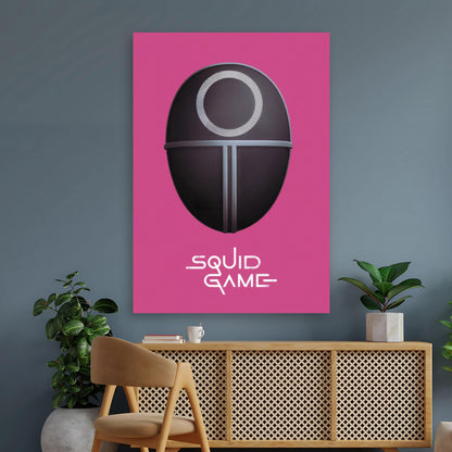 Squid Game Guard Mask poster on vibrant pink background, featuring iconic design for fans of the series.